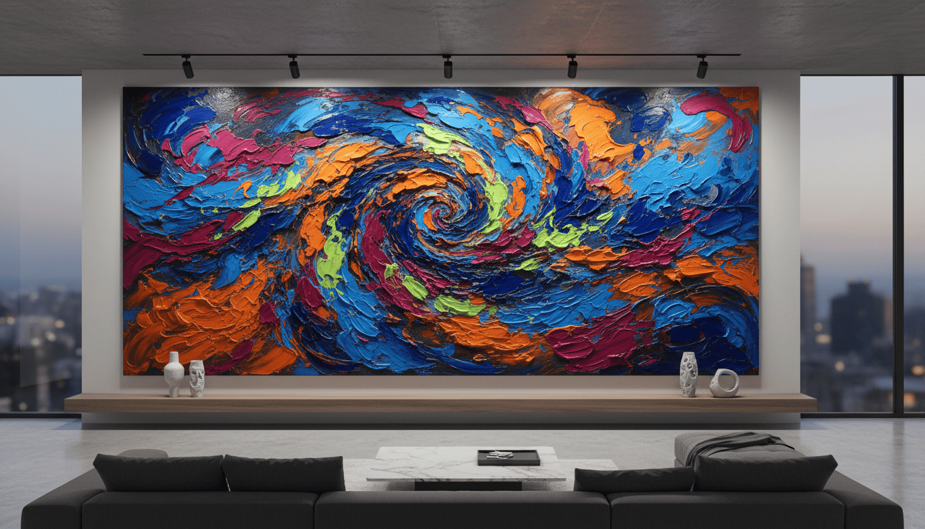Bright, colorful abstract wall art with swirling patterns, perfect for contemporary American interio.