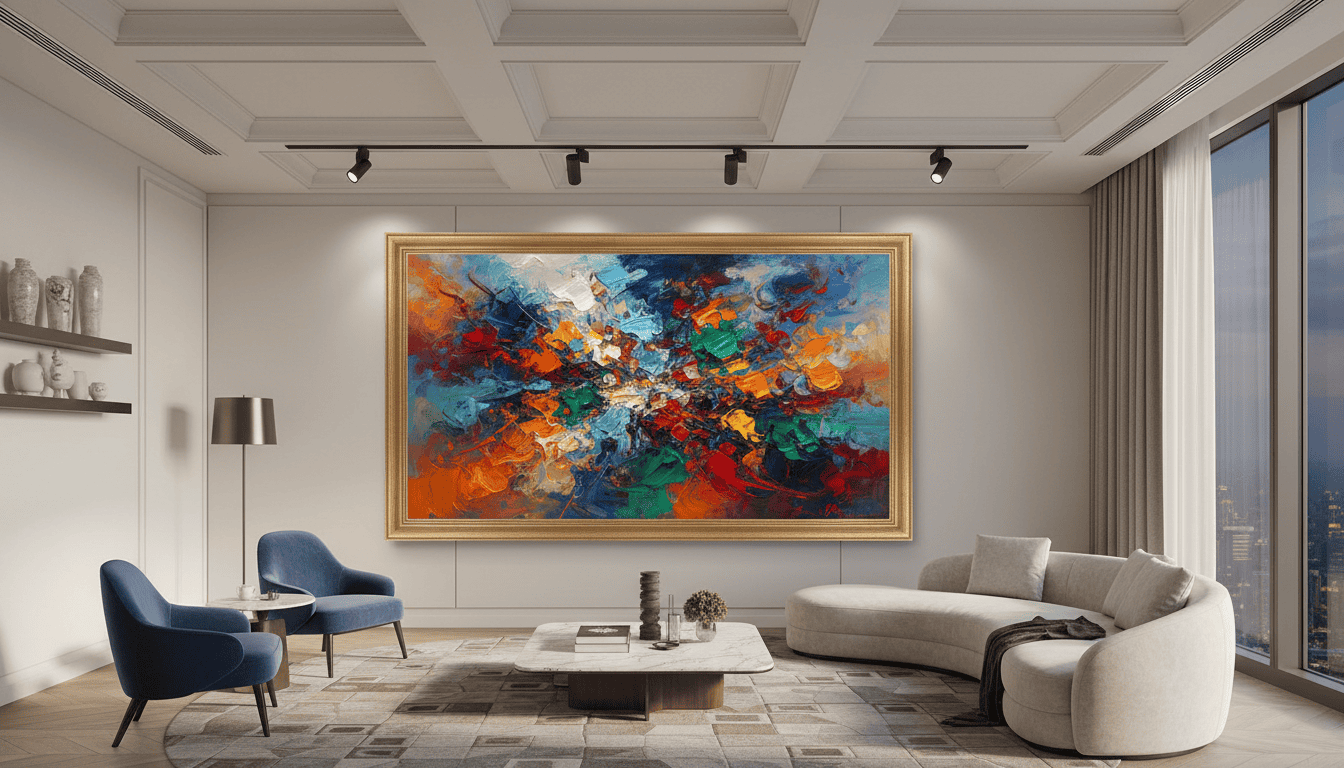 Modern abstract wall art in a stylish living room setting.