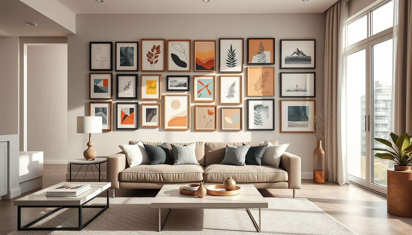 Stylish wall art arrangement with framed prints in a contemporary living room setting.