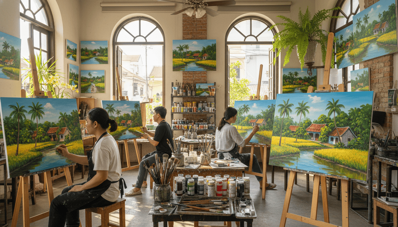 Art studio showcasing students painting tropical landscape artworks on large canvases. Bright, inspi.