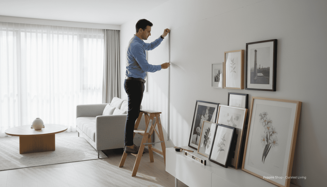 Man hanging framed art on a white wall in modern living room.