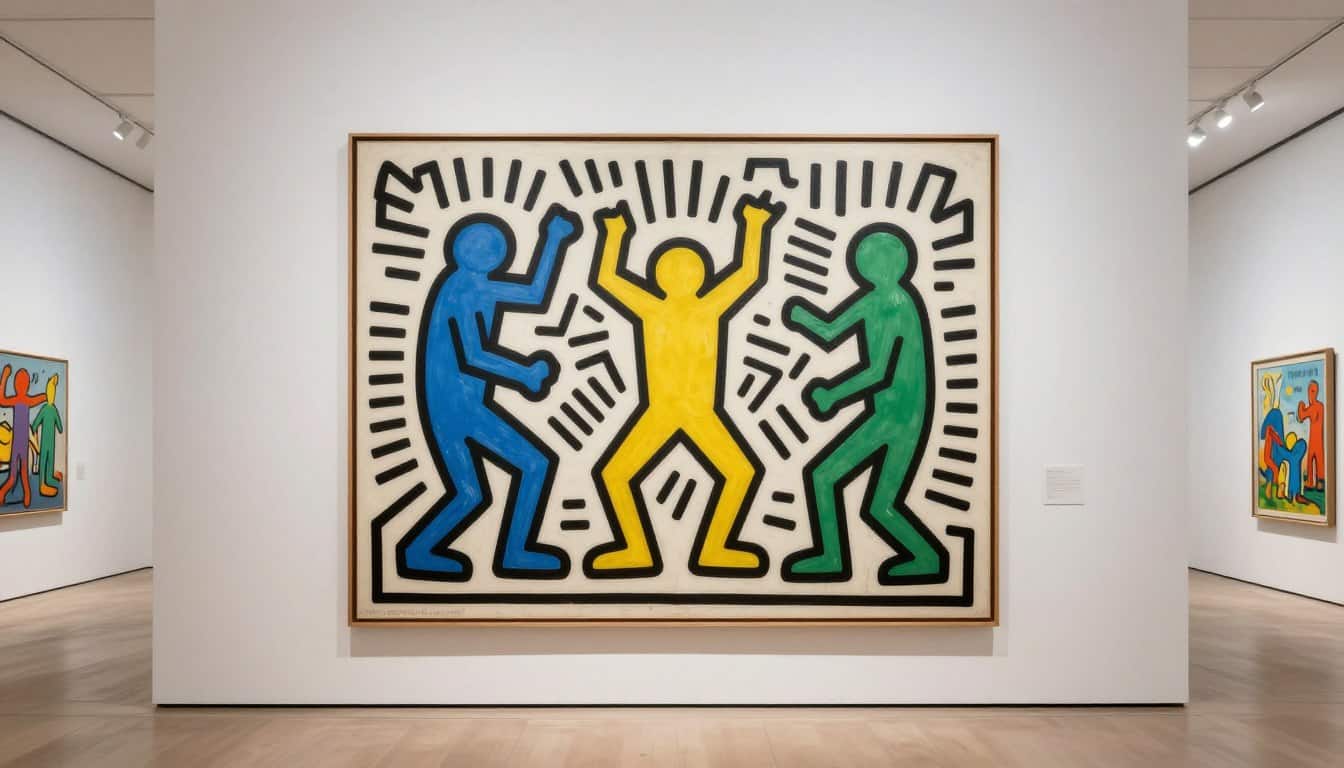A professional interior photograph of a large Keith Haring canvas print featuring bold black lines and radiant figures, showing the detailed 380 GSM cotton texture under soft museum lighting on a white gallery wall, 8k resolution, highly detailed. Vibrant Keith Haring dance scene canvas print for modern art decor.