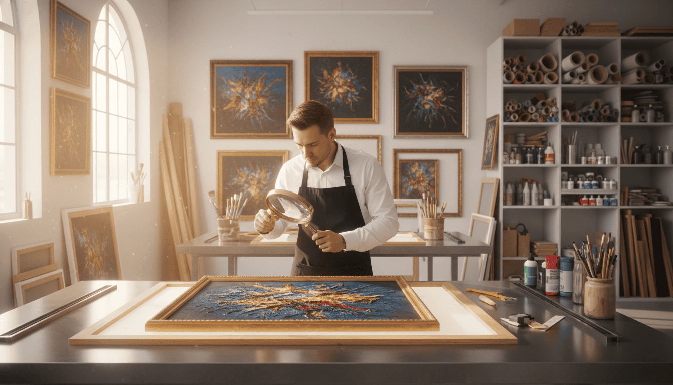 Artist inspecting vibrant framed canvas wall art in a studio setting.
