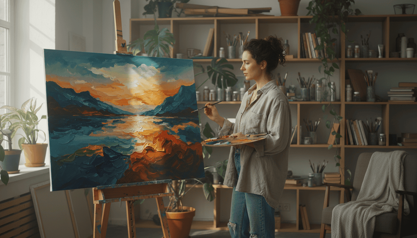 Woman painting vibrant sunset landscape on canvas in art studio.