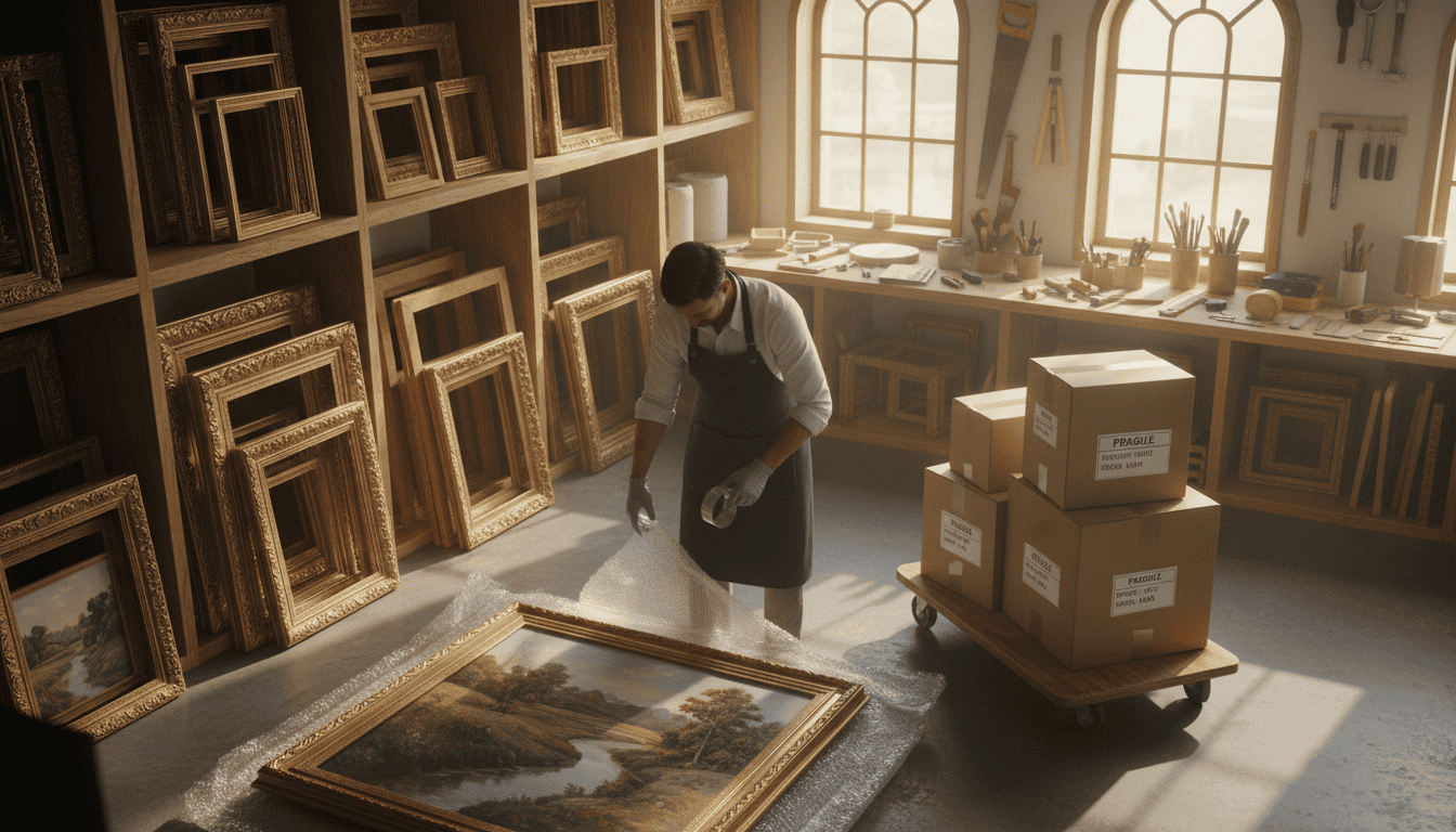 Art conservator inspecting a landscape painting in a workshop setting.
