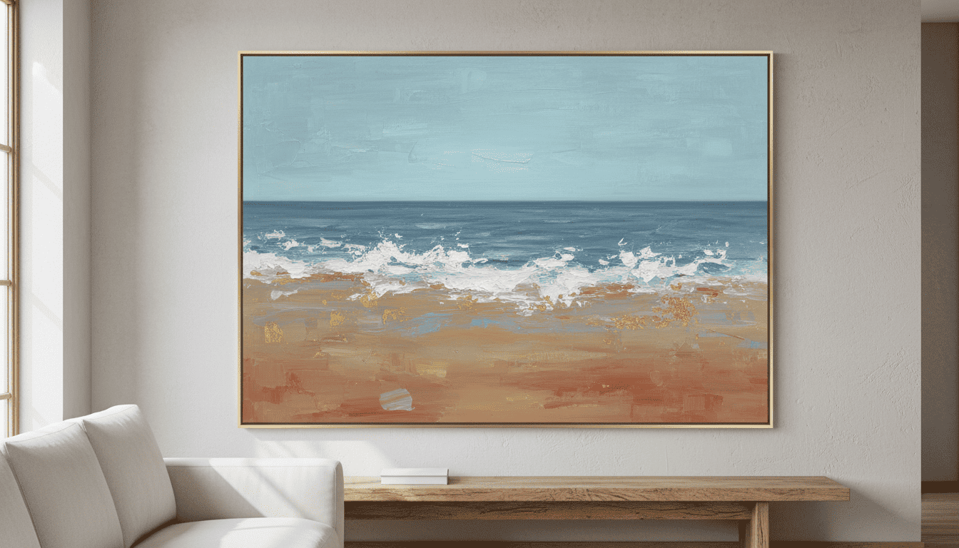Modern ocean beach painting wall art, perfect for contemporary American home decor.