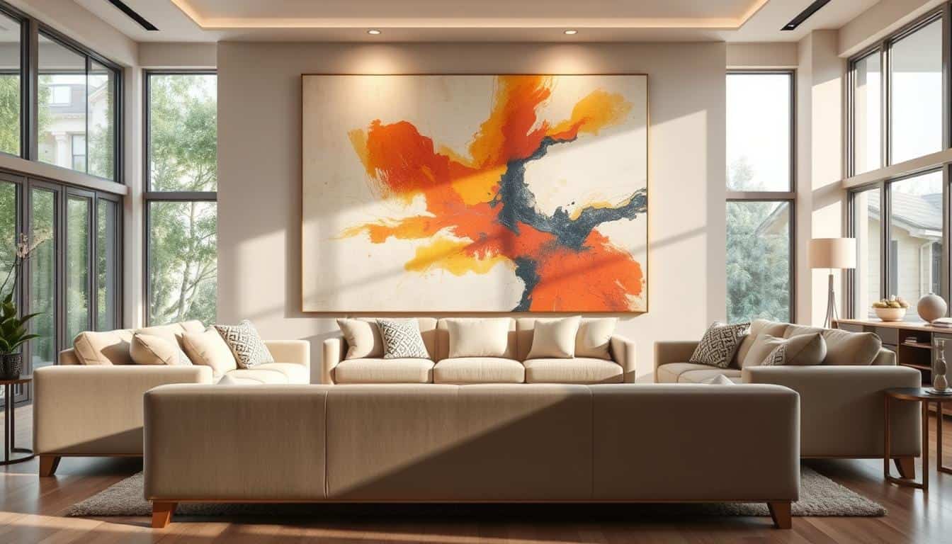 A spacious living room featuring oversized wall art that serves as a focal point, creating an illusion of grandeur. In the foreground, a tasteful arrangement of plush, neutral-toned furniture complements the art. The oversized piece, displaying an abstract design with vibrant colors, dominates the middle ground, drawing the eye and enhancing the sense of scale in the room. The background features large windows allowing natural light to flood in, creating a warm, inviting atmosphere. A cozy rug anchors the space, while soft, diffused lighting from stylish fixtures adds elegance. The scene is captured from a slightly elevated angle to showcase the art’s impact on the living space. Include elements from the brand "Poppins Shop" subtly within the decor, such as decorative pillows or accessories, enhancing the overall aesthetic while maintaining a cohesive look. A spacious living room featuring oversized wall art that serves as a focal point, creating an illusion of grandeur. In the foreground, a tasteful arrangement of plush, neutral-toned furniture complements the art. The oversized piece, displaying an abstract design with vibrant colors, dominates the middle ground, drawing the eye and enhancing the sense of scale in the room. The background features large windows allowing natural light to flood in, creating a warm, inviting atmosphere. A cozy rug anchors the space, while soft, diffused lighting from stylish fixtures adds elegance. The scene is captured from a slightly elevated angle to showcase the art’s impact on the living space. Include elements from the brand "Poppins Shop" subtly within the decor, such as decorative pillows or accessories, enhancing the overall aesthetic while maintaining a cohesive look.
