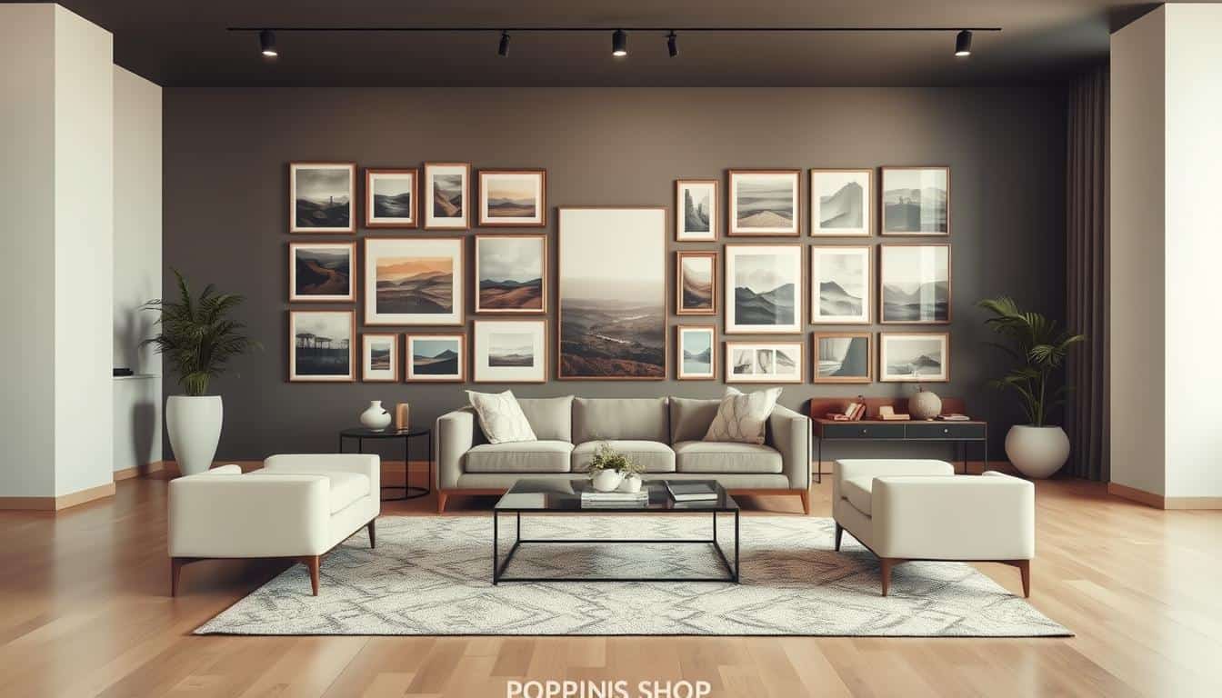 A spacious, stylish living room featuring a large wall art installation that creatively uses strategic positioning to enhance the space's grandeur. In the foreground, elegant furniture is arranged thoughtfully, with a tasteful rug beneath a plush sofa. The middle ground showcases a striking collection of framed artwork on the wall, featuring various sizes and styles, including abstract pieces and classic landscapes, arranged in a harmonious layout. The background reveals a sunlit window, casting soft natural light that highlights the art’s colors and textures. The atmosphere is inviting and sophisticated, evoking a sense of openness and creativity. The scene conveys professionalism and elegance, suitable for a modern interior. The art displayed is from the brand "Poppins Shop," adding a touch of contemporary flair to the overall aesthetic. Large wall art gallery with landscape photos enhancing small living room decor.