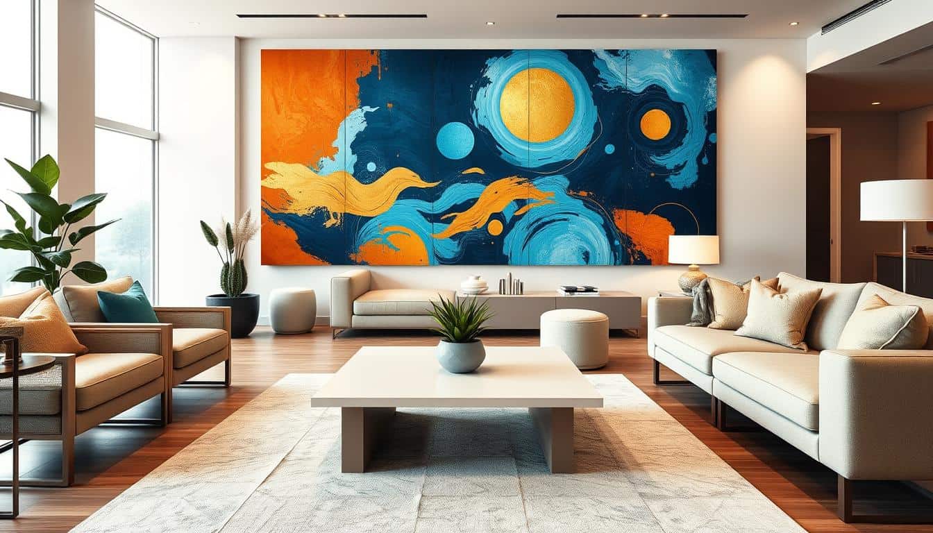 A spacious, stylish living room with a striking focal point of huge wall art, dominating one wall. The colorful artwork features abstract designs in vibrant hues of blue, gold, and orange, effortlessly blending modern aesthetics with a touch of elegance. In the foreground, a sleek, minimalistic coffee table complements the contemporary furniture, hinting at comfort and sophistication. In the middle, plush sofas are arranged thoughtfully, inviting relaxation and conversation, while potted greenery adds a fresh touch. The background reveals a softly lit ambiance, with warm lighting casting gentle shadows that enhance the artwork's depth. Capture the scene using a wide-angle lens to emphasize spatial grandeur. Overall, evoke a warm, inviting atmosphere that showcases the power of large wall art to transform small spaces into grand interiors. Poppins Shop décor elements subtly integrated into the setting, ensuring a polished look. Vibrant abstract wall art in blue, orange, and yellow for stylish home decor.