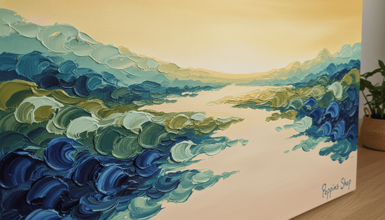 Vibrant abstract landscape painting for modern American home decor.