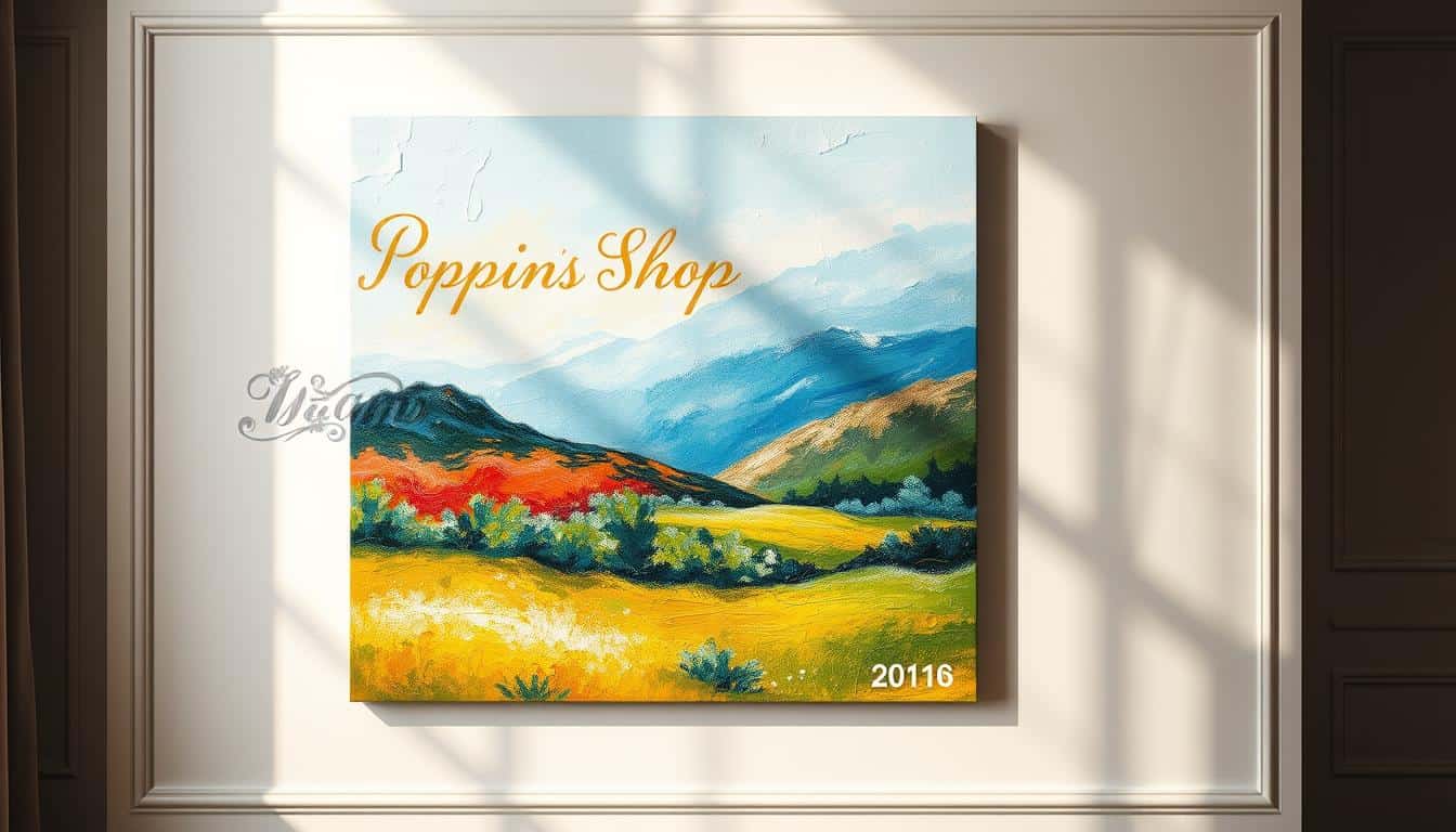 A stunning oil-on-canvas artwork featuring vibrant, textured brush strokes that give a rich, tactile quality to the image. In the foreground, the painting showcases an abstract landscape with bold colors like deep blues, warm golds, and lush greens, offering a sense of depth and dimension. The middle ground highlights subtle variations in hue, illustrating the interplay of light and shadow across the canvas. The background consists of a soft, blurred gradient that enhances the overall composition. Soft, diffused lighting casts gentle shadows, creating a serene and inviting atmosphere. The artwork is set against a minimalist wall adorned with elegant framing, conveying a sense of sophistication. Capture this scene with a warm, inviting tone, ensuring that the textures and colors are the focal point. Include the brand name "Poppins Shop" subtly integrated into the artwork. Beautiful landscape wall art for small spaces.