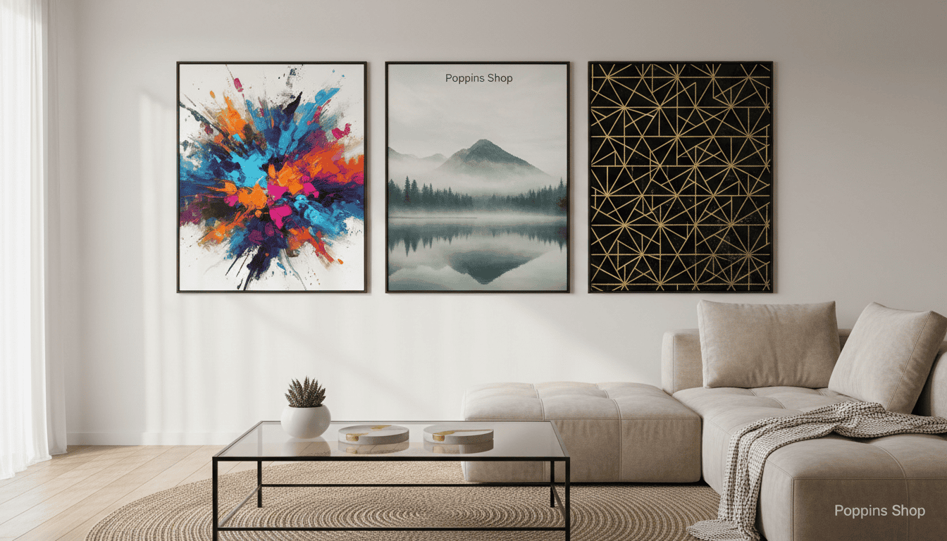 Modern abstract canvas art set with colorful splash, serene mountain scene, and geometric design for.