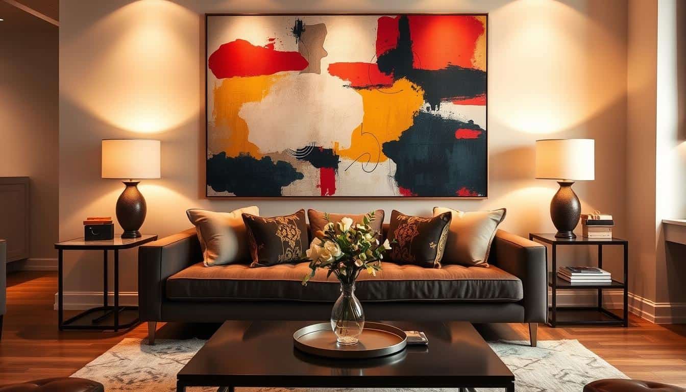 A stylish living room featuring a cozy sofa adorned with elegant throw pillows. Above the sofa, a large, abstract piece of wall art measuring approximately two-thirds of the wall width. The art is vibrant, showcasing bold colors and dynamic shapes, creating a focal point that elevates the space. Warm, diffused lighting casts a soft glow throughout the room, enhancing the inviting atmosphere. The walls are painted in a soft, neutral tone, providing balance to the artwork. A tasteful coffee table sits in front of the sofa, with a decorative vase of fresh flowers. The scene is framed from a slightly elevated perspective, capturing the depth of the room and emphasizing the impact of the large art piece. The overall mood conveys a sense of modern sophistication and comfort, perfect for small spaces. Poppins Shop. A stylish living room featuring a cozy sofa adorned with elegant throw pillows. Above the sofa, a large, abstract piece of wall art measuring approximately two-thirds of the wall width. The art is vibrant, showcasing bold colors and dynamic shapes, creating a focal point that elevates the space. Warm, diffused lighting casts a soft glow throughout the room, enhancing the inviting atmosphere. The walls are painted in a soft, neutral tone, providing balance to the artwork. A tasteful coffee table sits in front of the sofa, with a decorative vase of fresh flowers. The scene is framed from a slightly elevated perspective, capturing the depth of the room and emphasizing the impact of the large art piece. The overall mood conveys a sense of modern sophistication and comfort, perfect for small spaces. Poppins Shop.