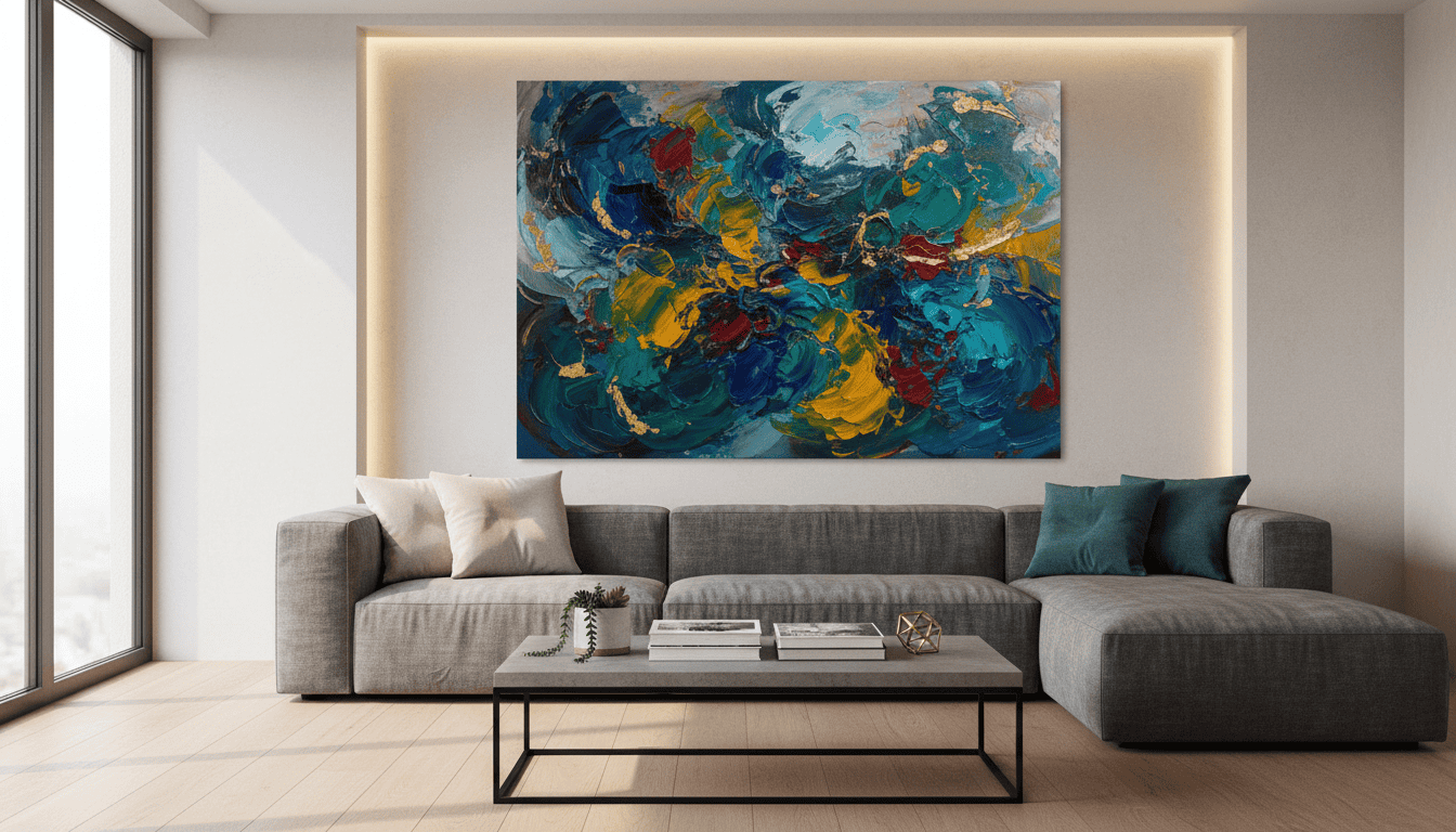 Vibrant abstract wall art in a modern living room setting.