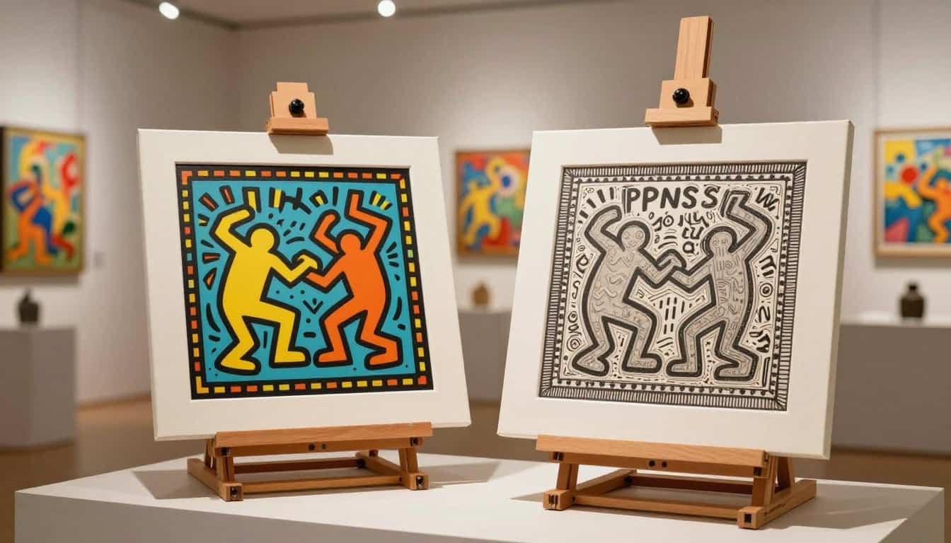 A thoughtfully arranged display featuring two premium art print options by Poppins Shop: on the left, vibrant Keith Haring canvas prints, showcasing bold colors and dynamic patterns, and on the right, high-quality matte paper prints, displaying intricate details and a softer finish. The foreground highlights textures and dimensions, while the middle ground reveals the contrasting prints side-by-side on elegant wooden easels. In the background, a softly lit gallery space enhances the artwork's appeal with warm lighting, emphasizing the richness of colors and textures. The atmosphere is inviting and contemplative, encouraging viewers to appreciate the nuances of both materials in a serene art-viewing experience. Keith Haring inspired canvas art for modern home decor.