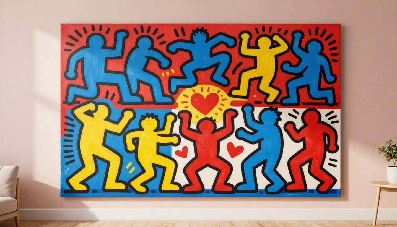 Vibrant Keith Haring-inspired wall art with dancing figures in bold colors.