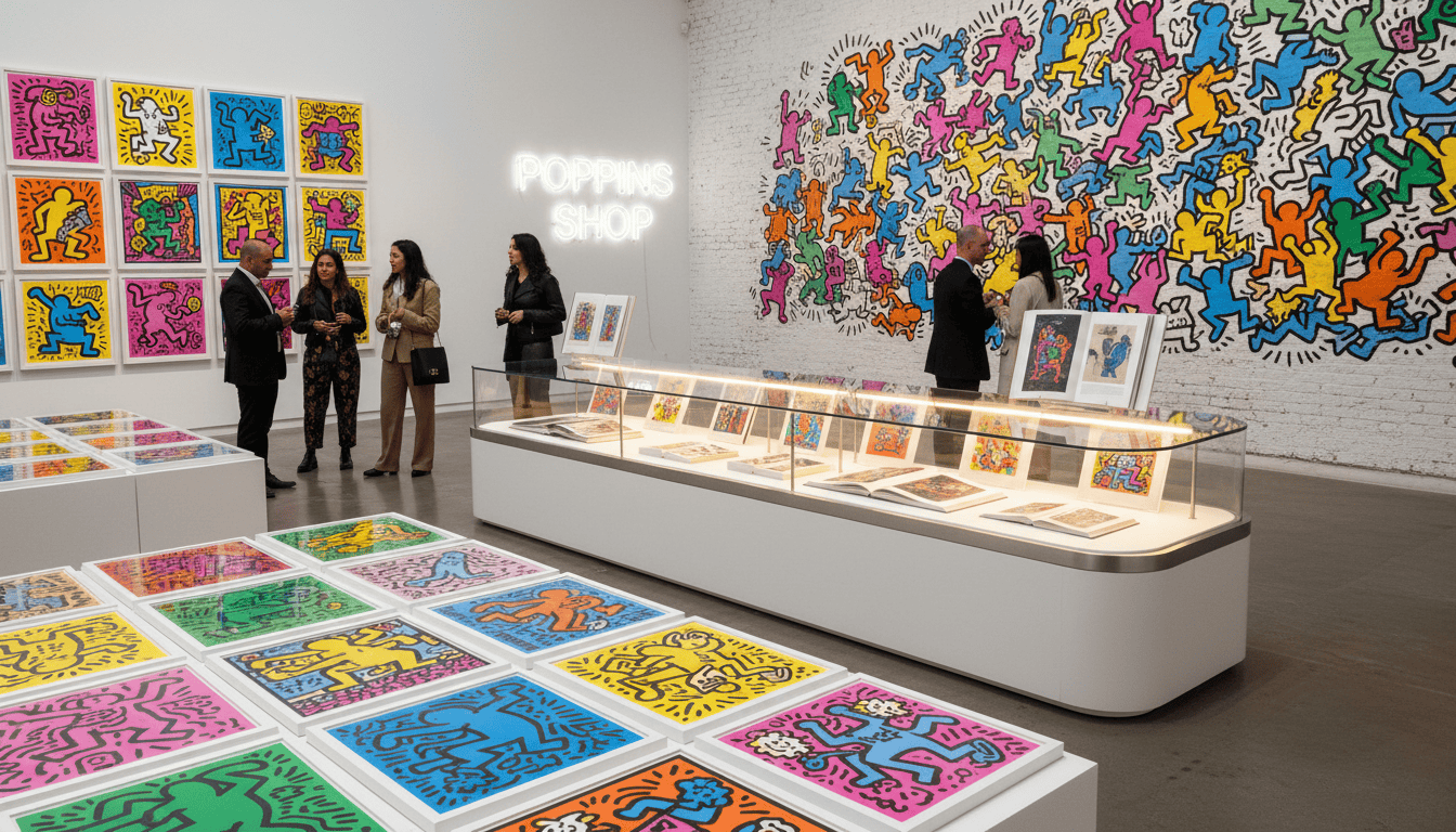 A vibrant and colorful display of Keith Haring's iconic pop shop series prints, showcased in an elegant art gallery setting. In the foreground, several prints of Haring's bold, cartoonish figures in vivid colors like yellow, pink, and blue are framed and arranged symmetrically. In the middle ground, a reflective glass display case holds a few limited edition prints and art books, with gentle ambient lighting illuminating their details. In the background, an artistically designed wall features large Haring murals that echo the playful energy of his work. The scene captures an inviting, trendy atmosphere, perfect for art collectors passionate about contemporary art, evoking a sense of community and celebration of urban culture. The shop is subtly branded as "Poppins Shop," adding a touch of modern elegance. A vibrant and colorful display of Keith Haring's iconic pop shop series prints, showcased in an elegant art gallery setting. In the foreground, several prints of Haring's bold, cartoonish figures in vivid colors like yellow, pink, and blue are framed and arranged symmetrically. In the middle ground, a reflective glass display case holds a few limited edition prints and art books, with gentle ambient lighting illuminating their details. In the background, an artistically designed wall features large Haring murals that echo the playful energy of his work. The scene captures an inviting, trendy atmosphere, perfect for art collectors passionate about contemporary art, evoking a sense of community and celebration of urban culture. The shop is subtly branded as "Poppins Shop," adding a touch of modern elegance.
