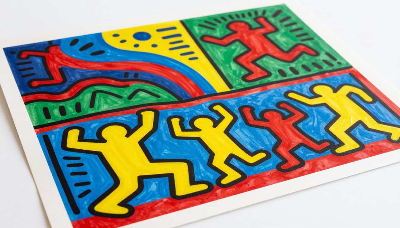 A vibrant and dynamic Bold colorful wall art print inspired by Keith Haring's signature color palette, featuring bold primary colors like electric yellow, bright red, vibrant blue, and lively green. In the foreground, stylized, expressive figures in motion, reminiscent of Haring's iconic style, leap with energy and joy. The middle layer showcases abstract shapes and patterns filled with Haring's playful motifs, interspersed among colorful background splotches that evoke a sense of harmony and excitement. The background includes large, swirling color fields that blend seamlessly, creating a lively atmosphere. Bright, natural lighting enhances the vivid colors, and the perspective captures a slight tilt, adding to the energetic feel of the composition. This art print represents the essence of the Keith Haring color palette, perfect for energizing any space, branded under "Poppins Shop." A vibrant and dynamic Bold colorful wall art print inspired by Keith Haring's signature color palette, featuring bold primary colors like electric yellow, bright red, vibrant blue, and lively green. In the foreground, stylized, expressive figures in motion, reminiscent of Haring's iconic style, leap with energy and joy. The middle layer showcases abstract shapes and patterns filled with Haring's playful motifs, interspersed among colorful background splotches that evoke a sense of harmony and excitement. The background includes large, swirling color fields that blend seamlessly, creating a lively atmosphere. Bright, natural lighting enhances the vivid colors, and the perspective captures a slight tilt, adding to the energetic feel of the composition. This art print represents the essence of the Keith Haring color palette, perfect for energizing any space, branded under "Poppins Shop."