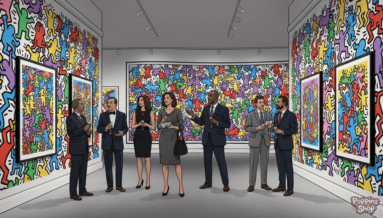 A vibrant and dynamic showcase of Keith Haring's iconic print style, featuring bold, energetic patterns and bright colors that capture the essence of his work. In the foreground, a diverse group of art collectors, dressed in stylish yet professional attire, are engaged in lively discussions while admiring Haring's prints displayed on the walls of a contemporary gallery. The middle ground showcases a striking mural-inspired arrangement of Haring's figures and motifs, with playful shapes overlapping and intertwining. In the background, soft gallery lighting creates a warm, inviting atmosphere, highlighting the prints’ vivid colors against a neutral backdrop. The scene conveys a sense of passion and excitement surrounding the resurgence of Keith Haring prints, evoking a feeling of enthusiasm among collectors. Include subtle branding of "Poppins Shop" in the lower corner, integrating seamlessly into the composition. A vibrant and dynamic showcase of Keith Haring's iconic print style, featuring bold, energetic patterns and bright colors that capture the essence of his work. In the foreground, a diverse group of art collectors, dressed in stylish yet professional attire, are engaged in lively discussions while admiring Haring's prints displayed on the walls of a contemporary gallery. The middle ground showcases a striking mural-inspired arrangement of Haring's figures and motifs, with playful shapes overlapping and intertwining. In the background, soft gallery lighting creates a warm, inviting atmosphere, highlighting the prints’ vivid colors against a neutral backdrop. The scene conveys a sense of passion and excitement surrounding the resurgence of Keith Haring prints, evoking a feeling of enthusiasm among collectors. Include subtle branding of "Poppins Shop" in the lower corner, integrating seamlessly into the composition.