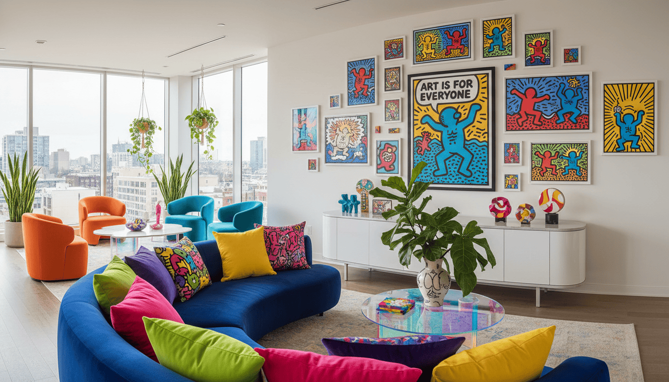 A vibrant interior space showcasing 2026 interior design trends, influenced by the Pop Art Renaissance and featuring prominent Keith Haring prints. In the foreground, a stylish living room with a plush, modern sofa adorned with bold colorful cushions. The middle features a gallery wall filled with eye-catching Haring-inspired art, vibrant colors, and playful patterns. In the background, large windows allow natural light to flood the room, illuminating sleek furniture with curvy silhouettes and unique geometric shapes. Accents of greenery from potted plants add warmth. The atmosphere is lively and energetic, perfect for a contemporary art collector's setting. The scene is captured with a wide-angle lens to enhance depth, with soft, diffused lighting creating a welcoming ambiance. Include branding elements from "Poppins Shop" subtly integrated into decorative accessories. A vibrant interior space showcasing 2026 interior design trends, influenced by the Pop Art Renaissance and featuring prominent Keith Haring prints. In the foreground, a stylish living room with a plush, modern sofa adorned with bold colorful cushions. The middle features a gallery wall filled with eye-catching Haring-inspired art, vibrant colors, and playful patterns. In the background, large windows allow natural light to flood the room, illuminating sleek furniture with curvy silhouettes and unique geometric shapes. Accents of greenery from potted plants add warmth. The atmosphere is lively and energetic, perfect for a contemporary art collector's setting. The scene is captured with a wide-angle lens to enhance depth, with soft, diffused lighting creating a welcoming ambiance. Include branding elements from "Poppins Shop" subtly integrated into decorative accessories.