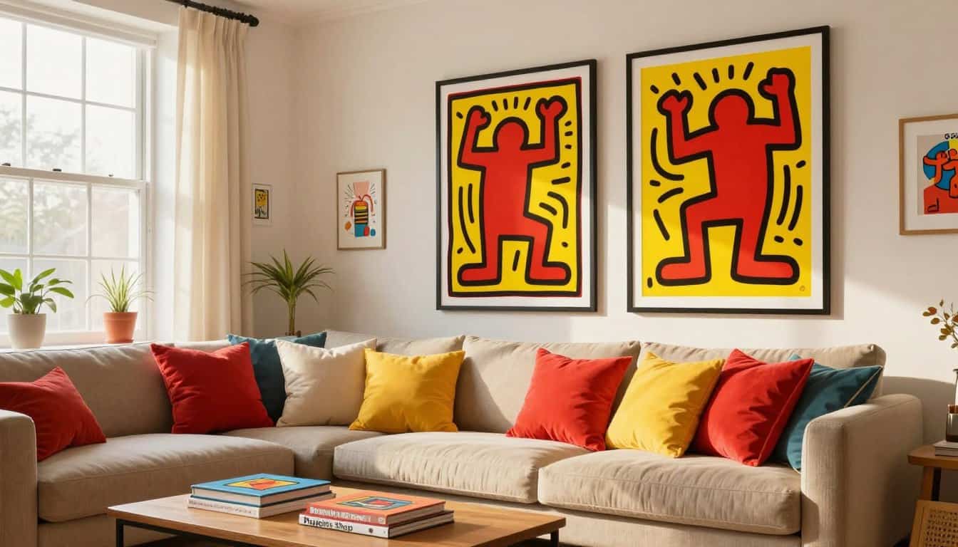 A vibrant living room interior showcasing the energetic effects of red and yellow art prints on the walls. In the foreground, a cozy couch adorned with colorful throw pillows sits invitingly. In the middle, striking wall art inspired by Keith Haring features bold reds and yellows, perfectly embodying color psychology principles. The background reveals soft natural light streaming through large windows, enhancing the colors. A decorative coffee table with a few art books adds a layer of sophistication. The mood is lively and uplifting, encouraging creativity and inspiration. The setting reflects a modern decor style, ideal for energizing any space. Include branding details that subtly highlight "Poppins Shop" within the scene. Use a warm, inviting color palette and employ soft diffused lighting to create an inviting atmosphere. A vibrant living room interior showcasing the energetic effects of red and yellow art prints on the walls. In the foreground, a cozy couch adorned with colorful throw pillows sits invitingly. In the middle, striking wall art inspired by Keith Haring features bold reds and yellows, perfectly embodying color psychology principles. The background reveals soft natural light streaming through large windows, enhancing the colors. A decorative coffee table with a few art books adds a layer of sophistication. The mood is lively and uplifting, encouraging creativity and inspiration. The setting reflects a modern decor style, ideal for energizing any space. Include branding details that subtly highlight "Poppins Shop" within the scene. Use a warm, inviting color palette and employ soft diffused lighting to create an inviting atmosphere.