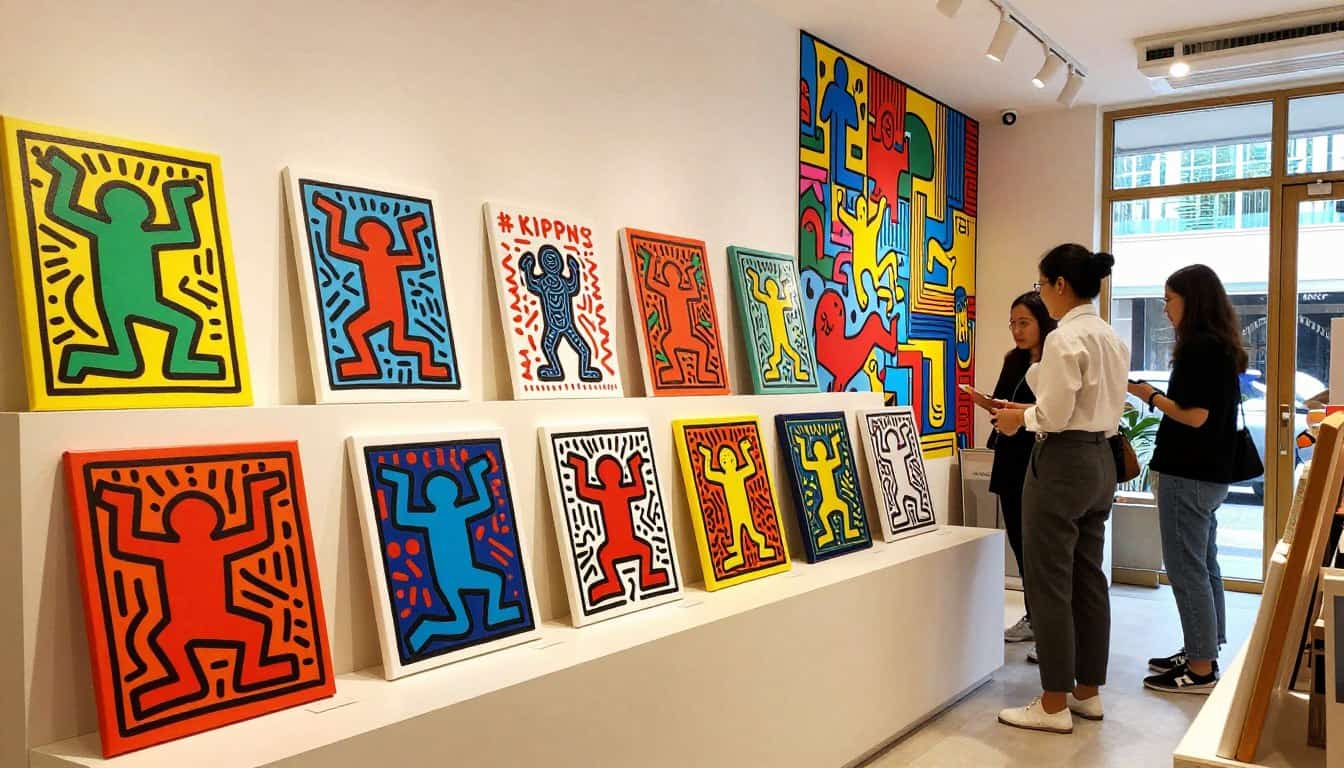 A vibrant pop art collection shop inspired by Keith Haring, showcasing colorful canvas prints lined on a sleek minimalist display. In the foreground, a stylish salesperson in professional attire interacts with a customer, surrounded by vivid, bold patterns reminiscent of Haring's signature style. The middle section features a variety of prints with playful figures and graffiti-like designs, each piece framed under soft, warm lighting that highlights their colors. In the background, an artistic mural featuring Haring's iconic motifs seamlessly integrates with the shop's decor. Large windows allow natural light to flood in, creating a lively and inviting atmosphere, perfect for art enthusiasts to explore at the Poppins Shop. The overall mood is upbeat and creative, reflecting ten years of Saigon Atelier expertise in art presentation and materials. Keith Haring canvas art prints for modern home decor. Bright, colorful artwork inspired by Keith Har.