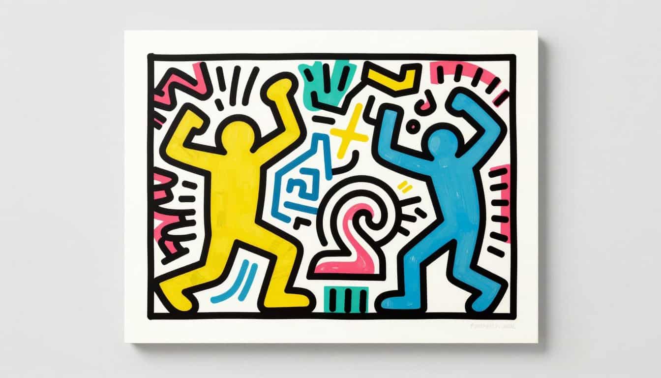 Colorful Keith Haring-inspired artwork with bold lines and vibrant figures.