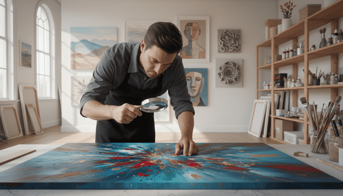 Man examining vibrant abstract wall art with magnifying glass in art studio.