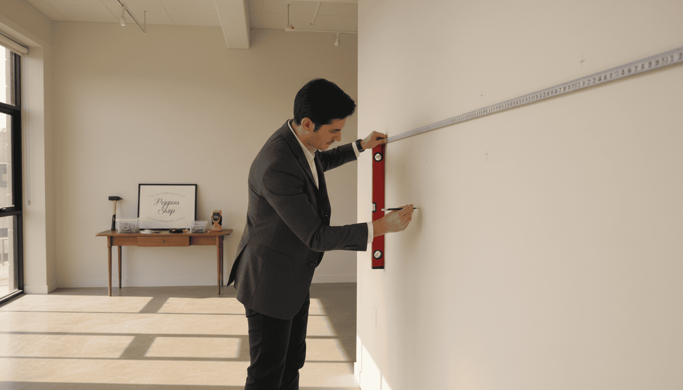 Man measuring wall for hanging framed art with a level and tape measure in a bright room.