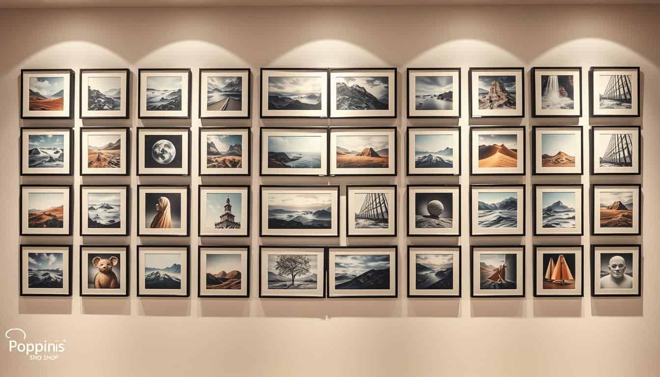 Beautiful gallery wall of framed landscape and art prints for stylish home decoration.