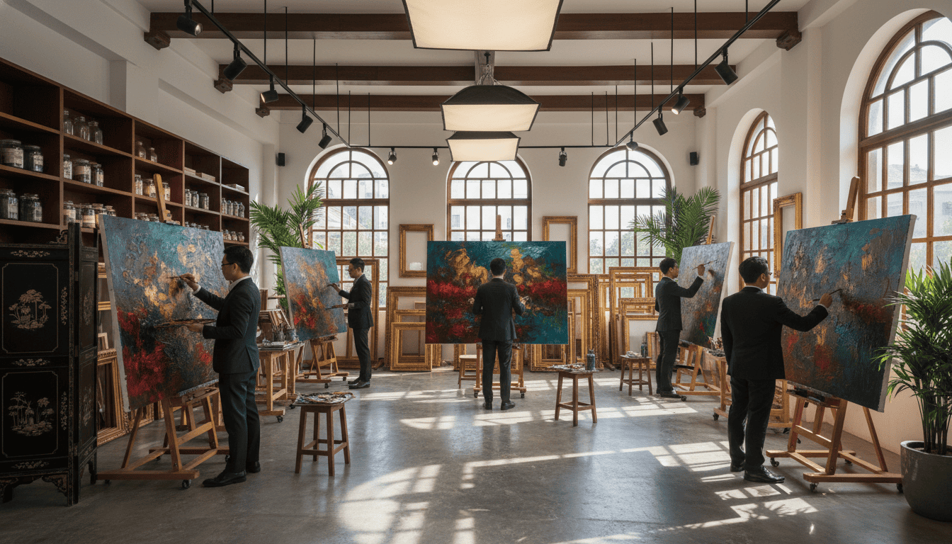 Elegant modern art gallery showcasing vibrant wall art in a spacious, well-lit studio setting.