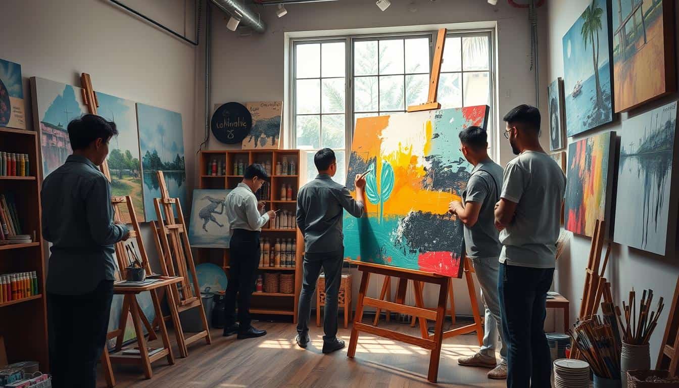 A wide-angle interior shot of a sunlit Saigon art atelier where professional master artists are painting a large-scale, hand-painted oil-on-canvas abstract piece on a heavy wooden easel, surrounded by vibrant paint tubes, brushes, and finished museum-quality canvas wall art. Wall art painting class with students creating vibrant artwork on canvas.