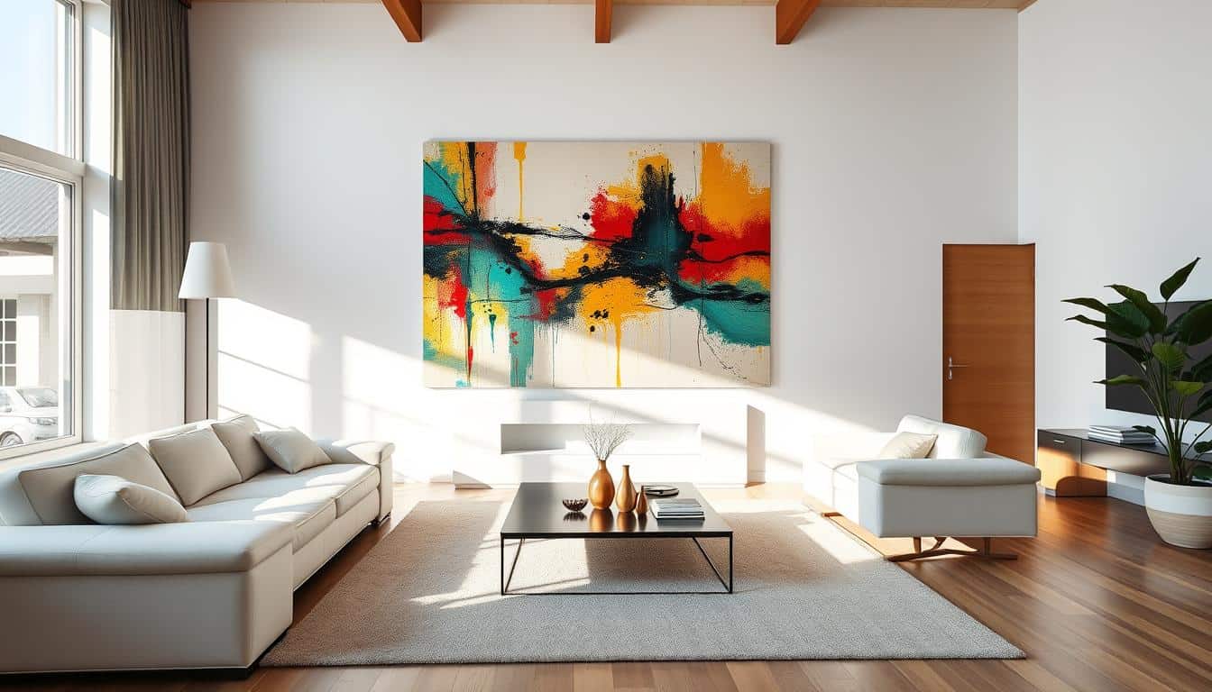 A wide-angle shot of a modern living room featuring a large, colorful abstract oil painting on a white wall, sleek minimalist furniture, and natural sunlight streaming through a window. Colorful large wall art to enhance small rooms and create a grand ambiance. Perfect for contemporary.