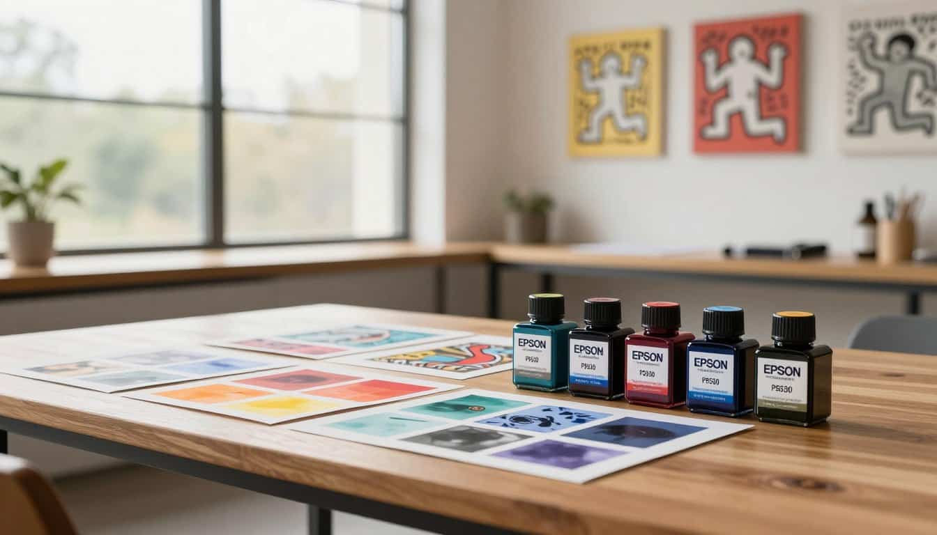 An artistic workspace featuring archival ink standards for art prints, displayed prominently on a sleek, modern wooden table. In the foreground, vibrant ink cartridges labeled "Epson P9530" are arranged neatly beside high-quality print samples showcasing brilliant colors and sharp detail, emphasizing their archival quality. The middle layer reveals soft, natural daylight filtering through large windows, illuminating the scene with a warm glow that highlights the textures of the paper and ink. In the background, a subtle gallery wall with various Keith Haring canvas prints enhances the ambiance without distracting from the main focus. The mood is inspired and professional, reflecting a commitment to high standards in printmaking. The logo "Poppins Shop" is subtly integrated into the design, showcasing the brand's dedication to quality and artistry. Keith Haring canvas prints with vibrant colors on a wooden table in a modern studio.