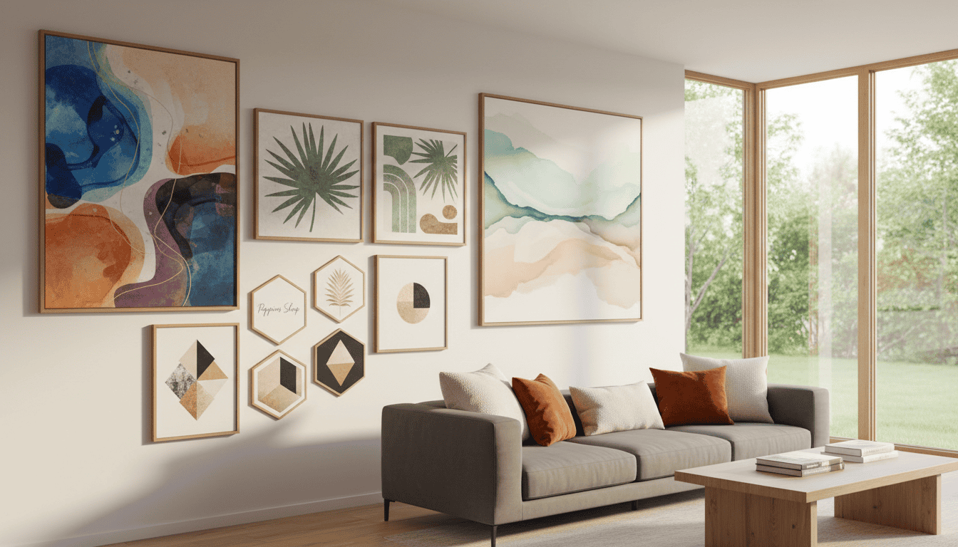 Contemporary abstract wall art arrangement in a modern living room with large windows and natural li.