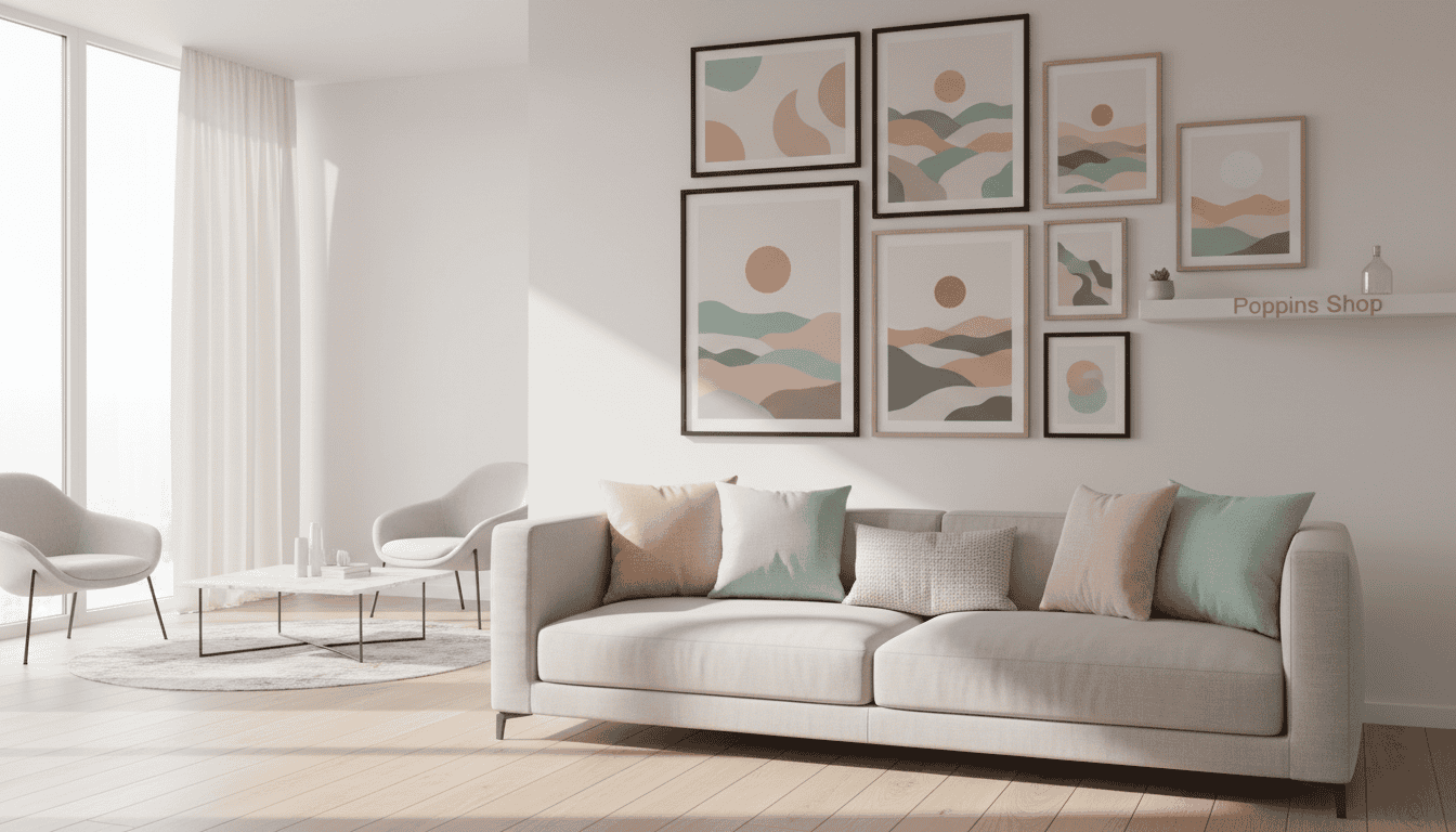 Art prints displayed in a stylish, modern living room setting, the foreground features a chic sofa adorned with textured cushions in complementary pastel colors. In the middle, an array of framed art prints is elegantly arranged on a gallery wall, showcasing abstract designs and vibrant landscapes that harmonize with the room’s color palette. Each piece is meticulously chosen to convey a sense of cohesion. The background reveals a softly illuminated space with natural light streaming from a window, casting gentle shadows to enhance the room's depth. The furniture has a minimalist aesthetic, promoting a calm atmosphere. Hyper-realistic 3D rendering captures fine details, showcasing the textures and colors vividly. The brand name "Poppins Shop" is subtly incorporated into the room’s decor. Modern wall art decor to enhance your living room color palette.