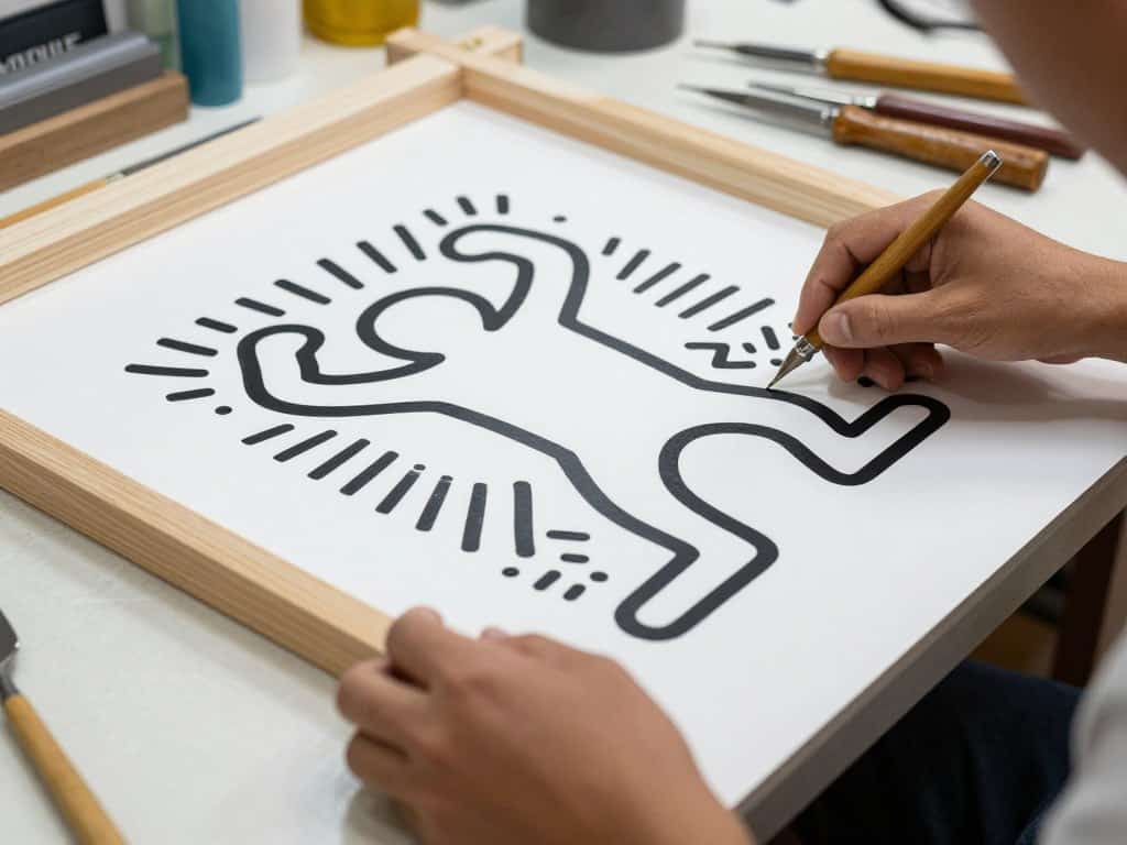 Artist creating a Keith Haring-inspired pop art print on paper.