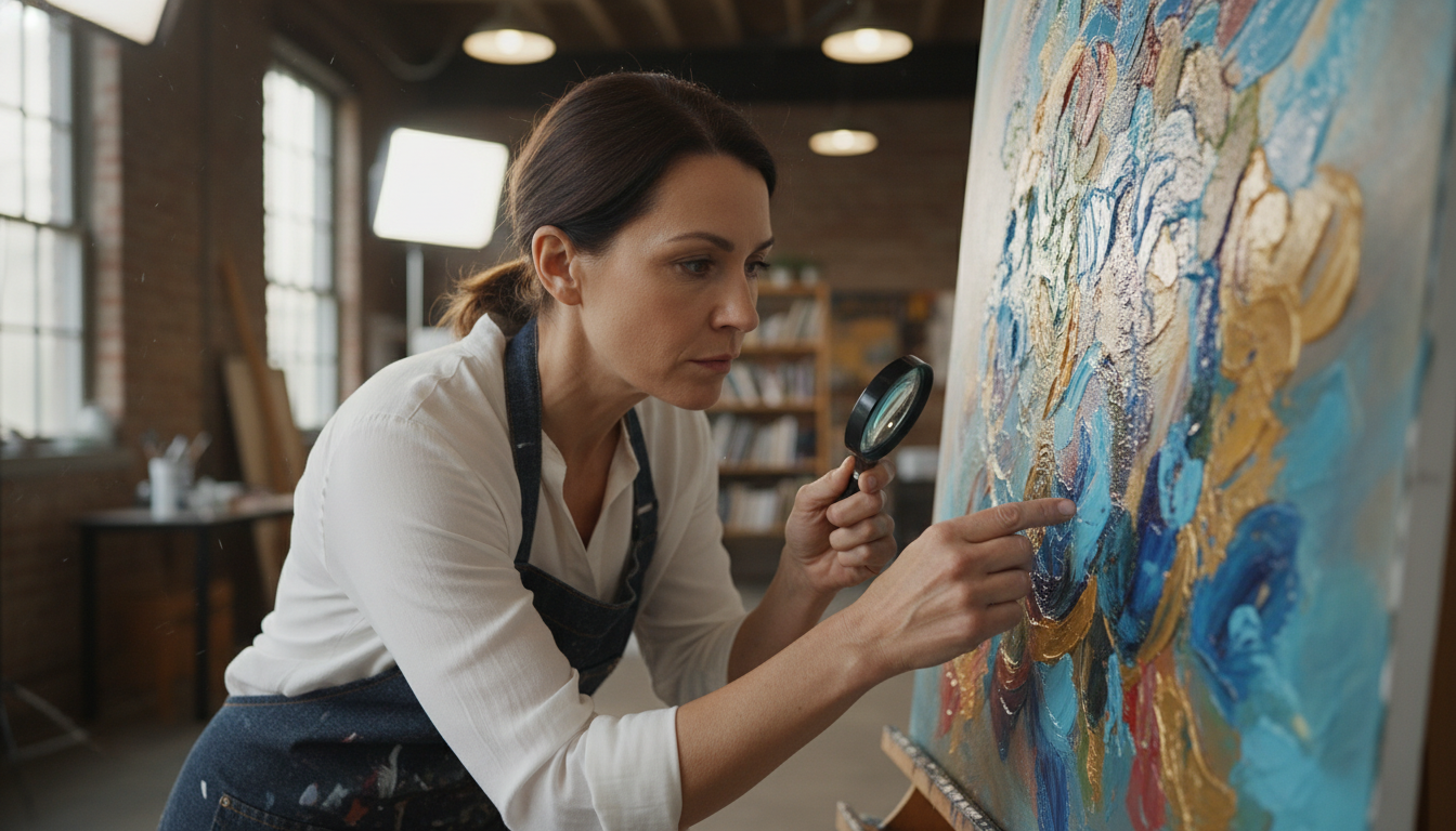 Artist reviewing completed canvas painting quality under bright studio lights