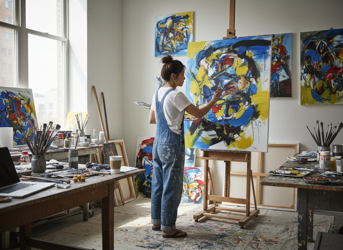 Artist working on custom contemporary canvas painting in Vietnamese studio