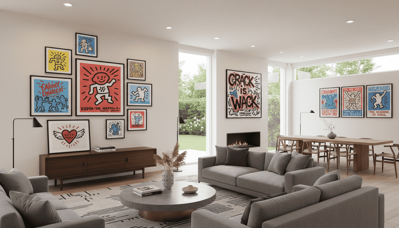 Modern living room with vibrant Keith Haring prints wall art.