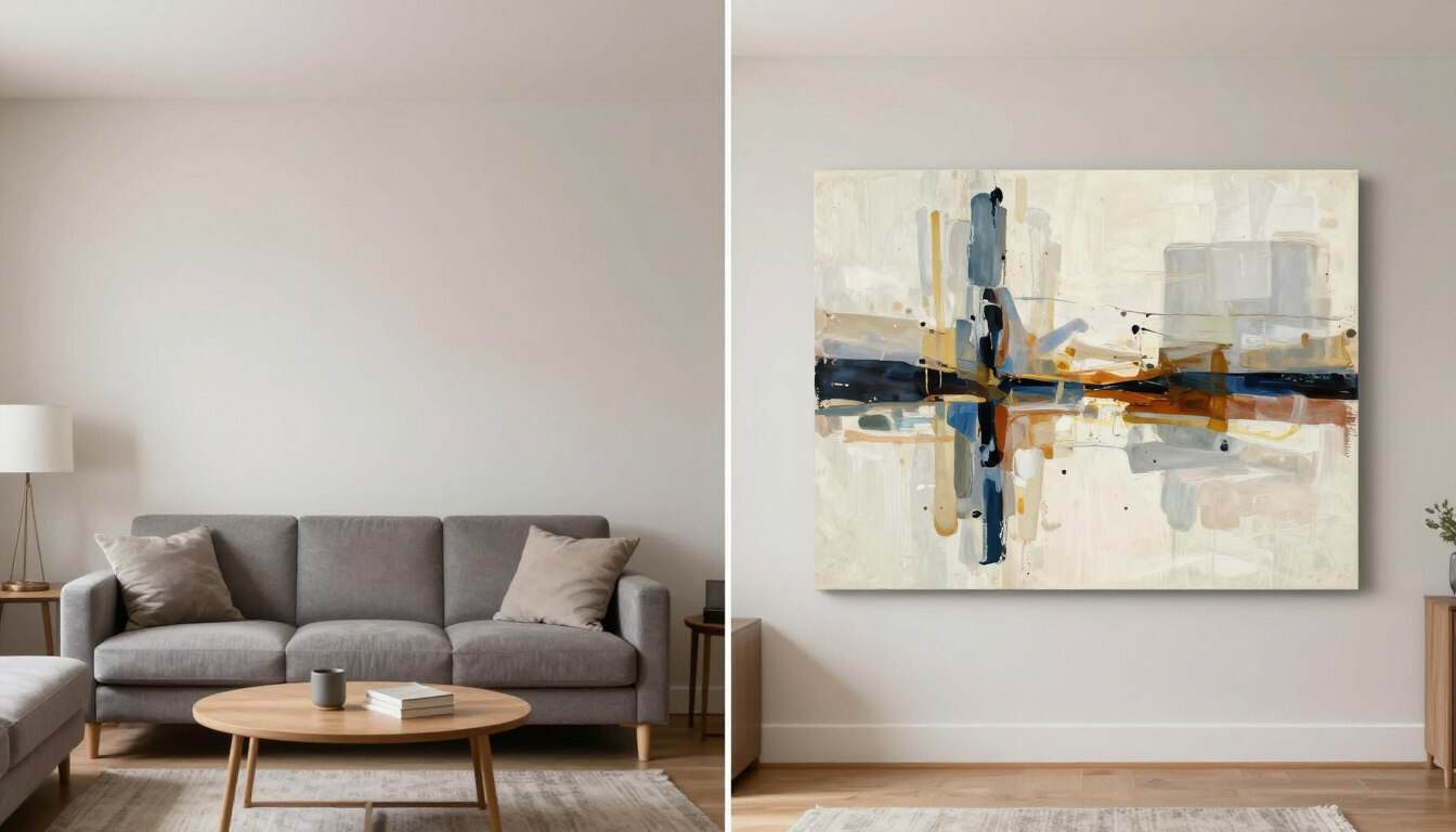 Before and after living room with large wall art added