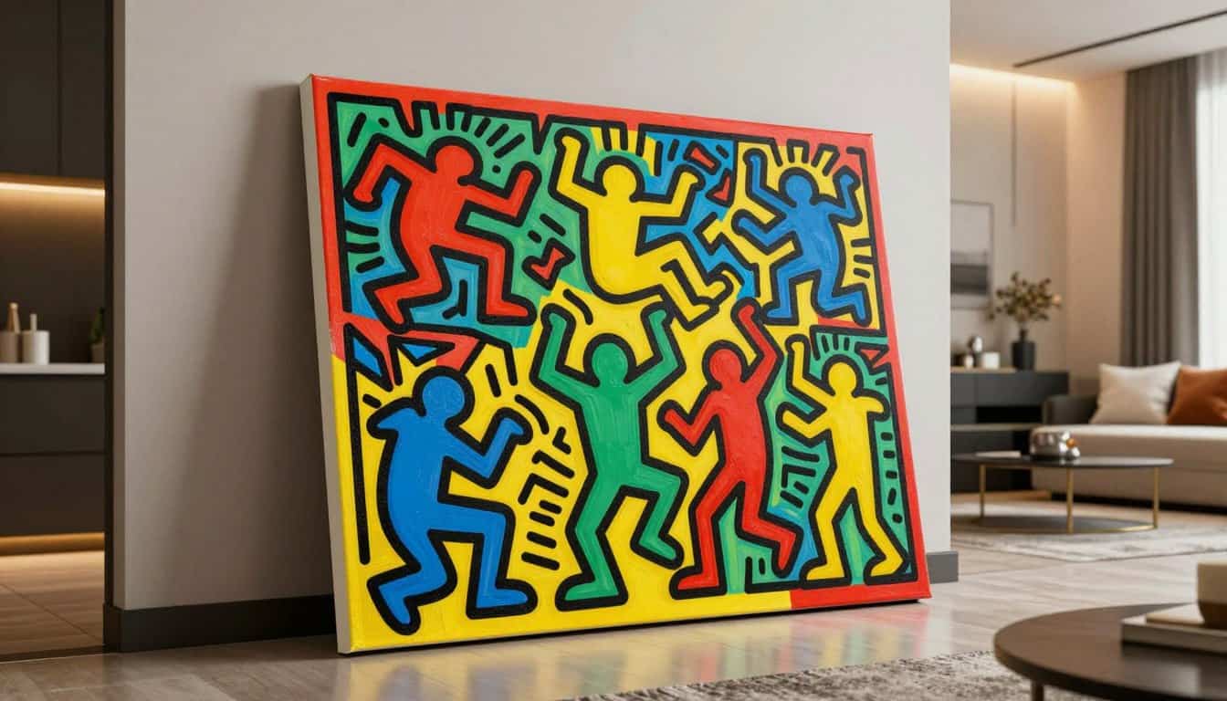 Large Keith Haring inspired colorful wall art for modern interior decor.