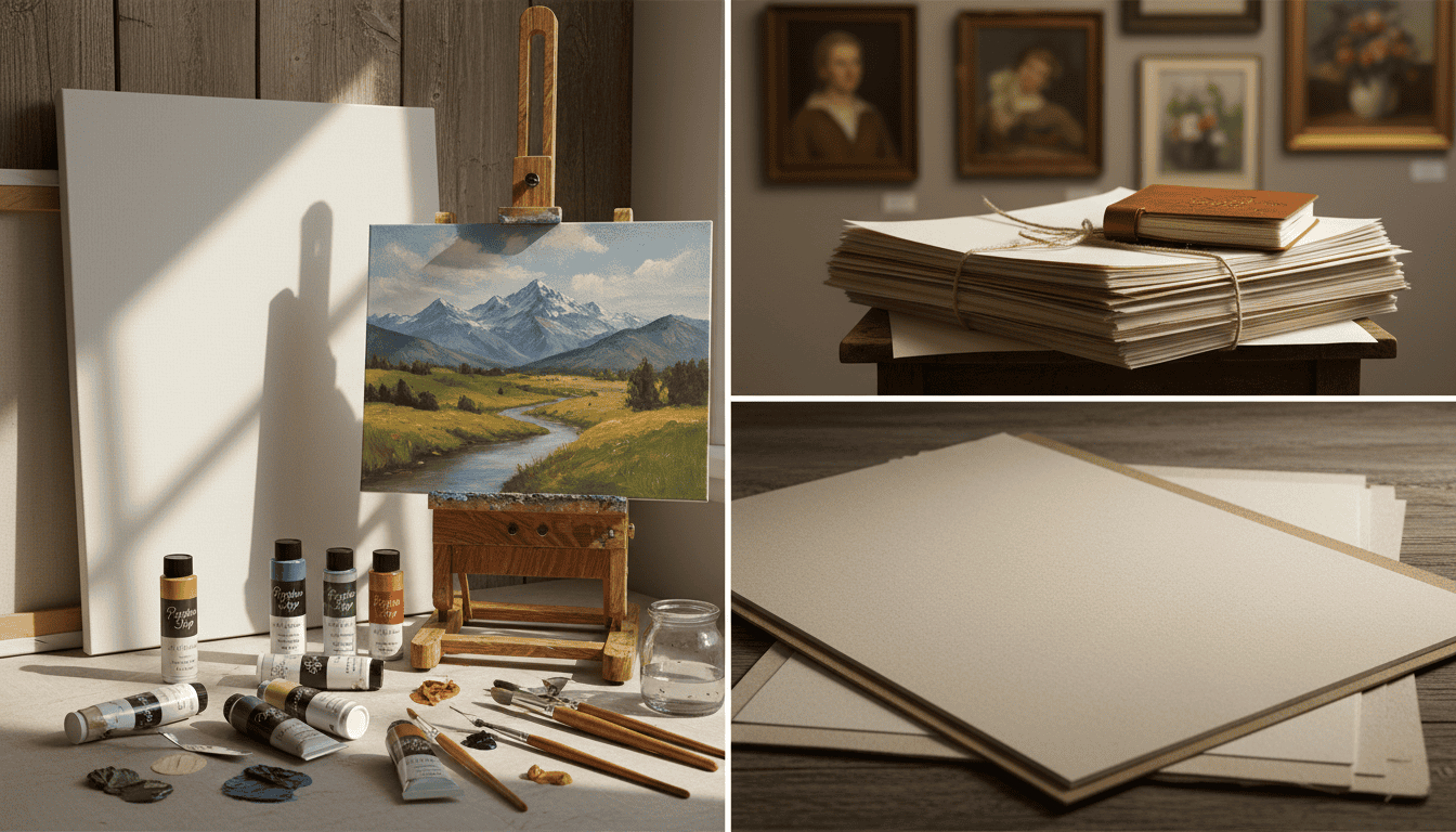 Artistic workspace with painting supplies, blank canvases, and a finished landscape painting.