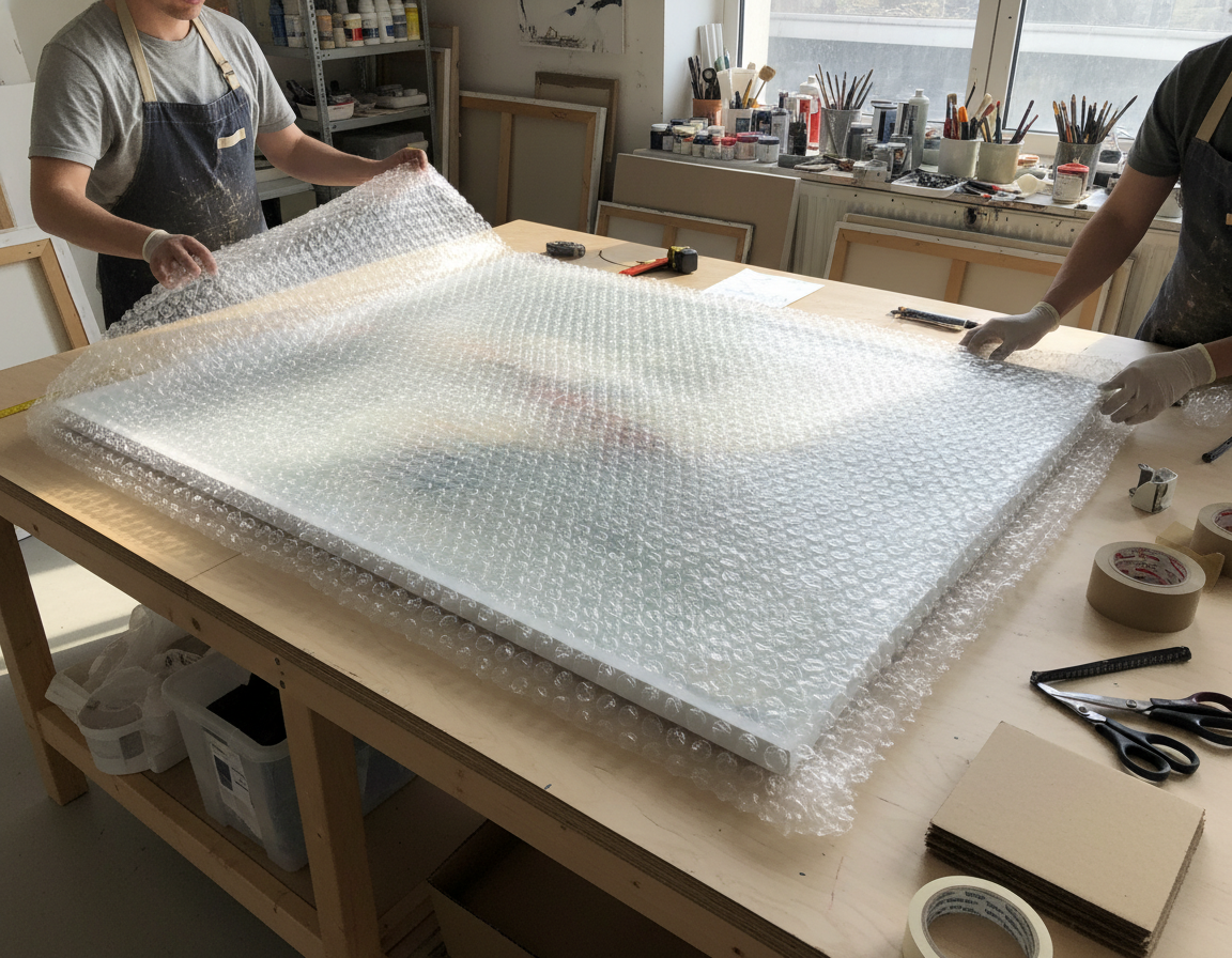 Canvas wrapped in protective glassine paper and bubble wrap