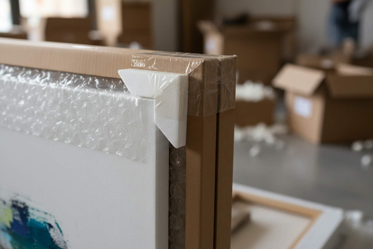 Close-up of canvas corner protection and bubble wrap layers