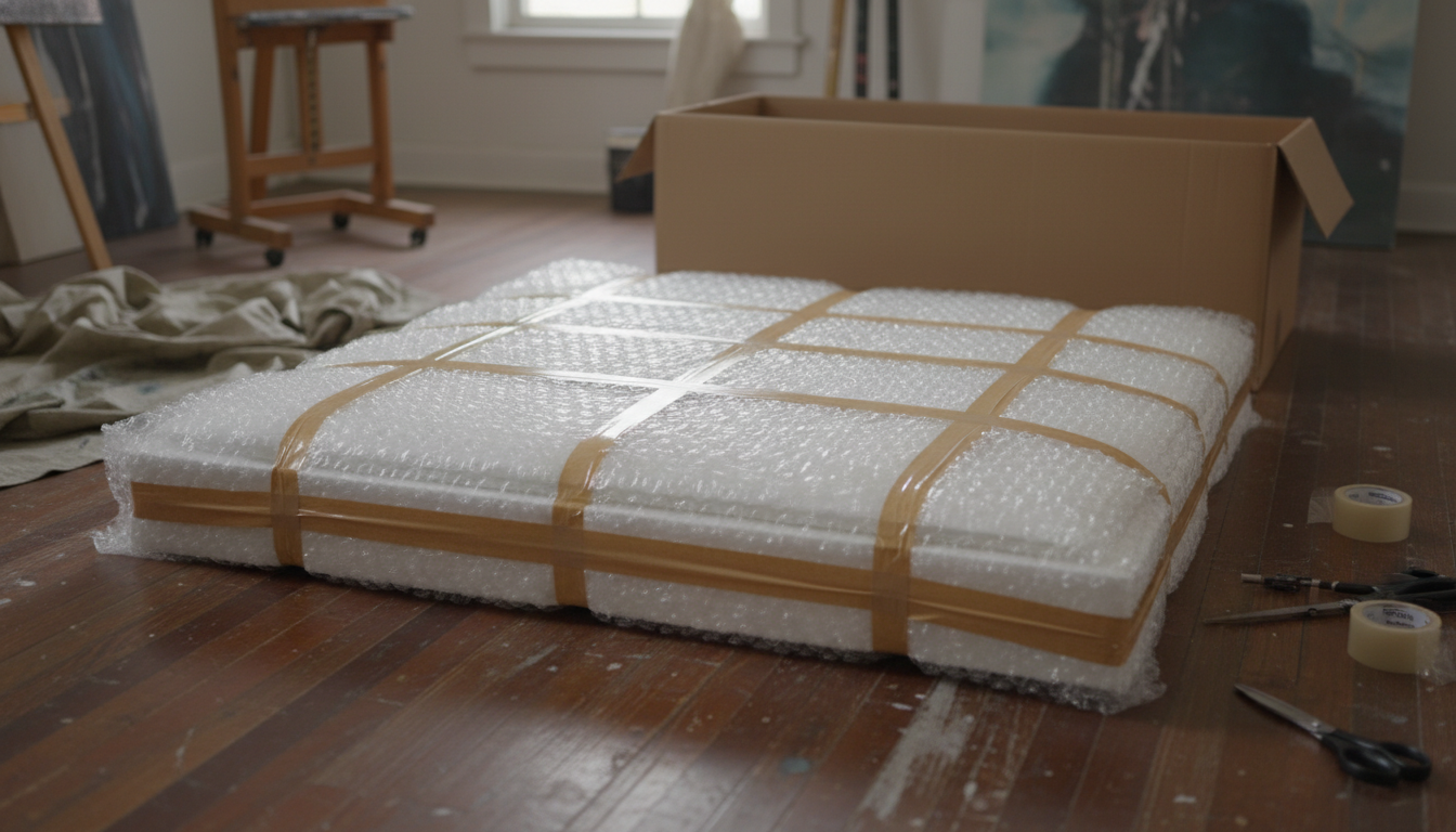 Completed wrapped canvas in protective layers ready for box