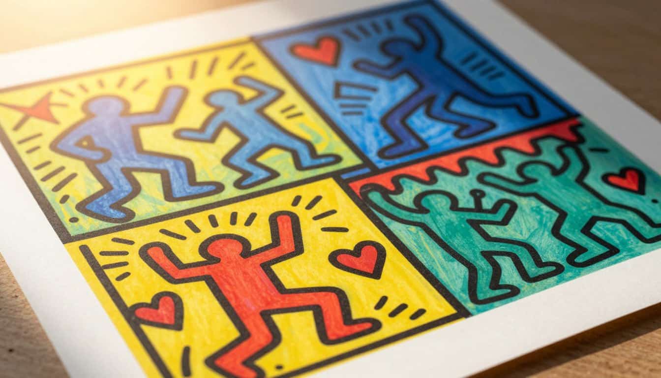 Create a vibrant, dynamic image inspired by Keith Haring's iconic pop art, featuring bold black lines that form joyful figures and abstract shapes. In the foreground, display vividly colored elements like dancing figures and heart motifs, encapsulating Haring's energetic spirit. The middle layer should include overlapping patterns of color, creating a sense of depth, while the background presents a soft gradient, transitioning from bright yellow to deep blue, enhancing the lively atmosphere. Illuminate the scene with warm, natural lighting to evoke a cheerful mood, as if basking in the sun, and use a slight overhead angle for a captivating perspective. This artwork should exemplify Haring's style, showcasing the essence of his canvas prints on a flawless matte paper finish. Include the brand name "Poppins Shop" subtly within the composition. Colorful Keith Haring inspired canvas prints with vibrant pop art design.