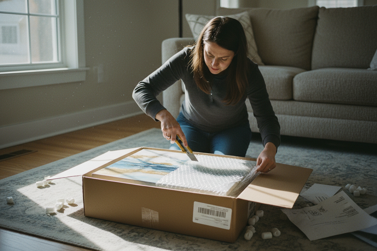 Customer inspecting delivered canvas artwork package