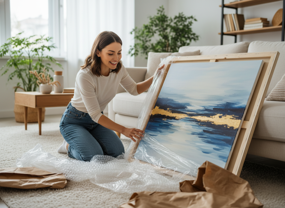 Customer unboxing delivered canvas artwork at home