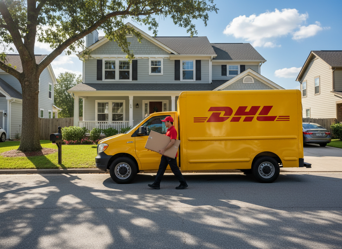 DHL delivery truck arriving at residential home